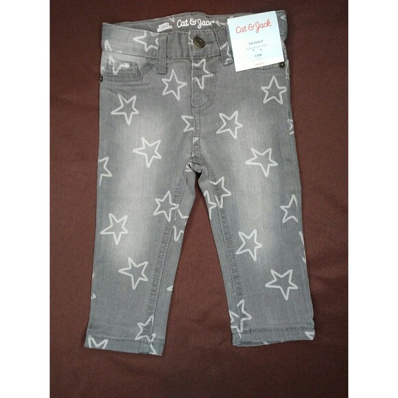 12M Toddler Girls Gray Star Stretch Denim Skinny Jeans Adj Waist Cat & Jack NWT - Picture 2 of 5